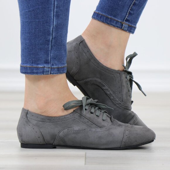 Gray Faux Suede Oxford Lace Up Brogue Detailing Low Heel - Picture 4 of 12